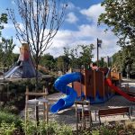 Outdoor playground equipment: Volcano and castle