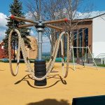 Outdoor playground equipment: "Rat race" playing device, Roundabout Liana, Swinging two by two, pour-in-place rubber playground surfacing