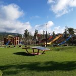 Outdoor playground, tegball and hillside slides